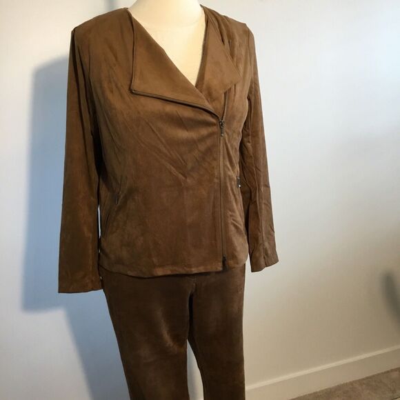 Suede 2 pc Zip Jacket ankle pants suit L (12/14) Old Money Clean Girl J. Jill - Picture 2 of 16